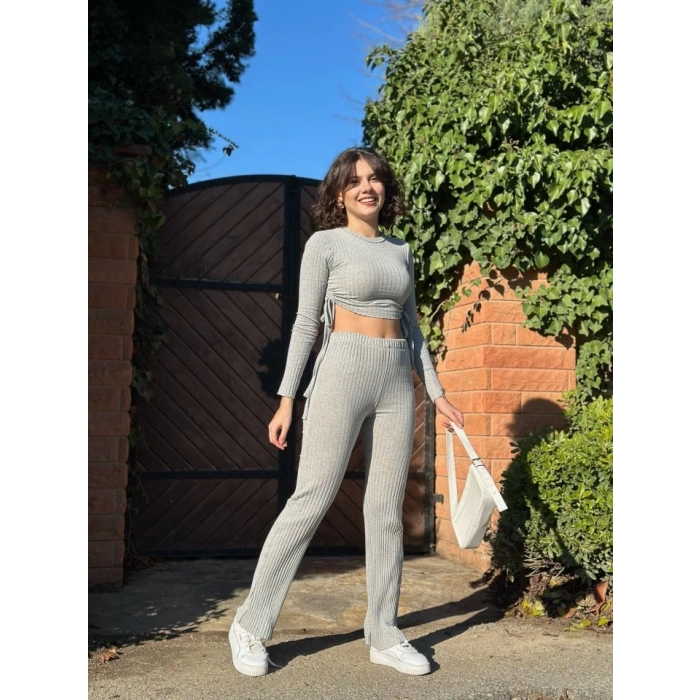 Kadın Yandan Bağlamalı Geniş Paçalı Fitil Kaşkorse İkili Takım