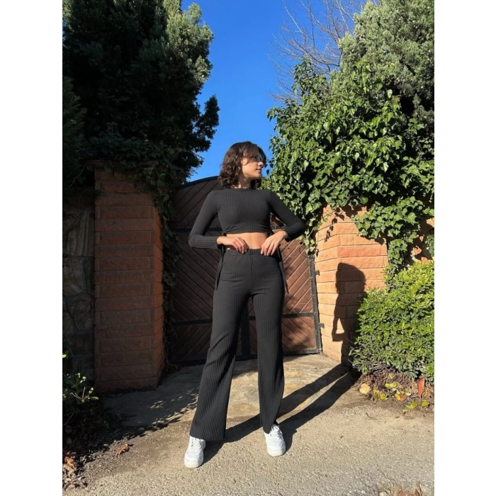 Kadın Yandan Bağlamalı Geniş Paçalı Fitil Kaşkorse İkili Takım