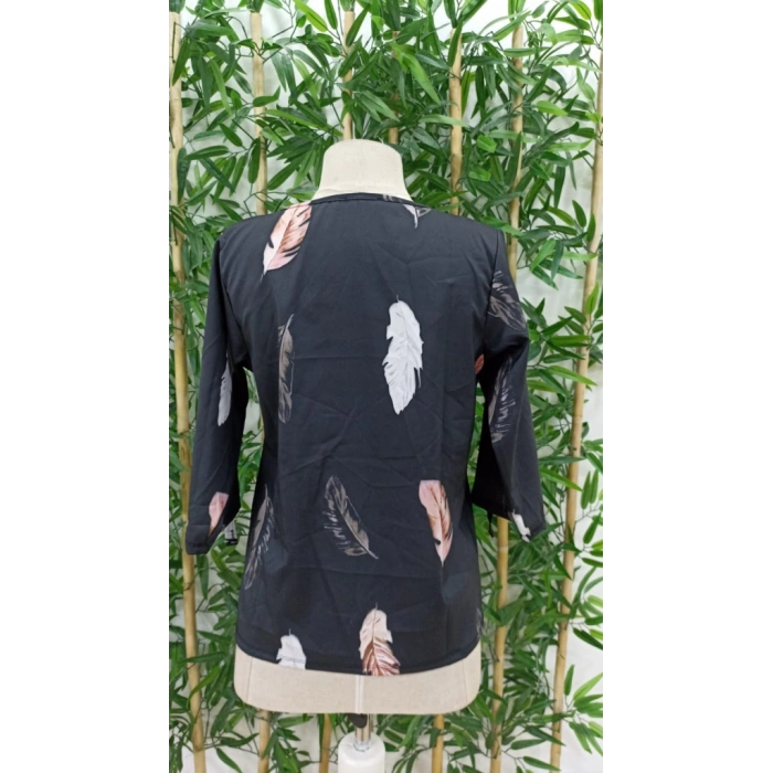 Kadın Yaprak Baskı Ayarlanabilir Truvakar Kol Süper Soft Bluz