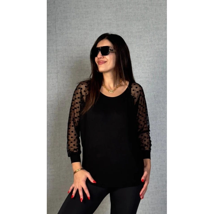 Kadın Yarasa Kol Puantiyeli Tül Detay Bluz