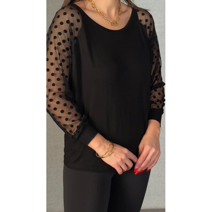 Kadın Yarasa Kol Puantiyeli Tül Detay Bluz
