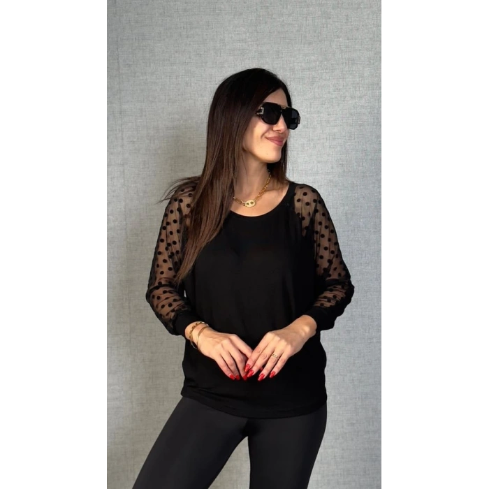 Kadın Yarasa Kol Puantiyeli Tül Detay Bluz