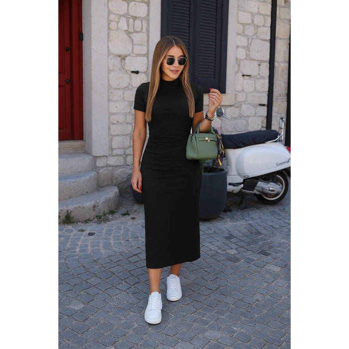 Kadın Yarı Balıkçı Yaka Yırtmaçlı Dalgıç Midi Elbise