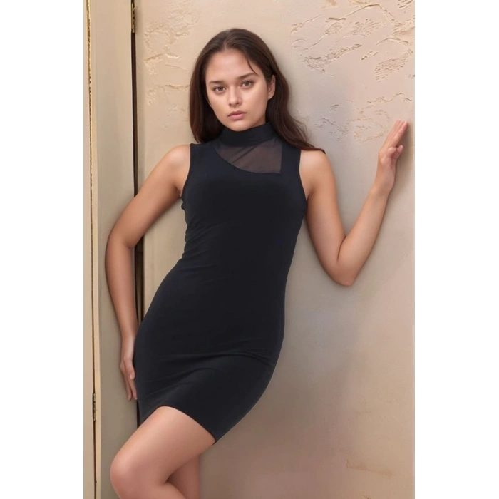 Kadın Yarım Balıkçı Yaka Tül Detaylı Sandy Kumaş Fırsat Ürün Diz Üstü Elbise