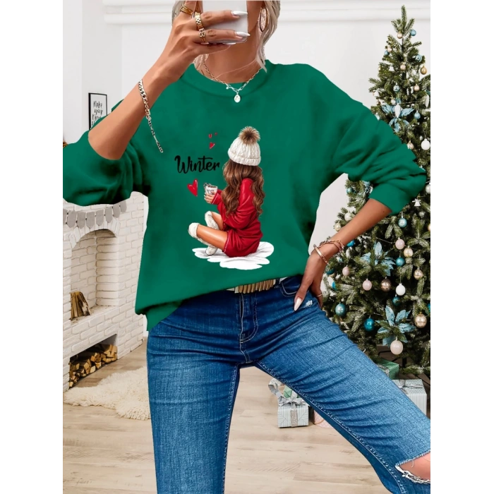 Kadın Yılbaşı özel Uzun Kollu Bisiklet Yaka Desenli Viskon Iki Iplik Bluz