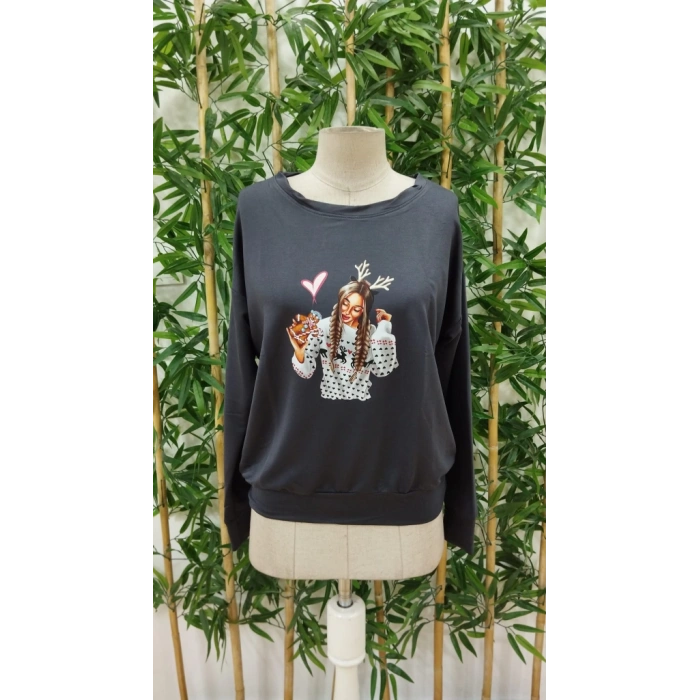 Kadın Yılbaşı özel Uzun Kollu Bisiklet Yaka Desenli Viskon Iki Iplik Bluz