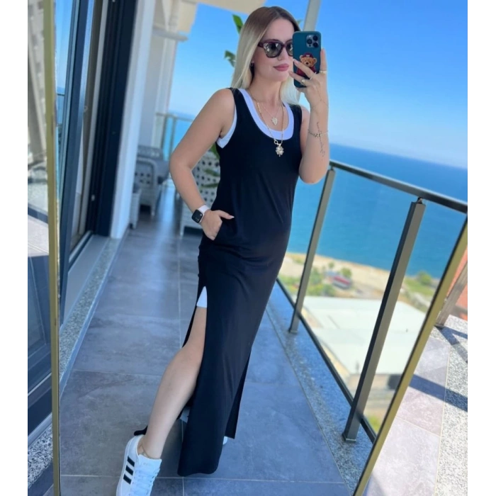 Kadın Yırtmaç Detaylı Viskon Kumaş Maxi Boy Cepli Iç Dahil Ikili Elbise