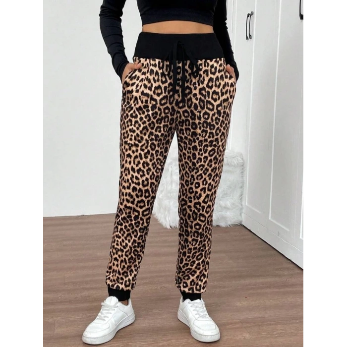 Kadın Yüksek Bel Bağcıklı Desenli Iki Iplik Pantolon