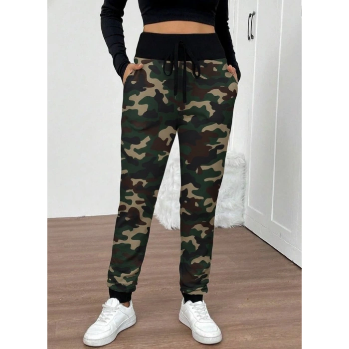 Kadın Yüksek Bel Bağcıklı Desenli Iki Iplik Pantolon