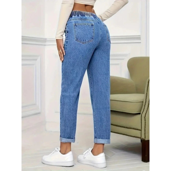 Kadın Yüksek Bel Bağcıklı Kot Pantolon