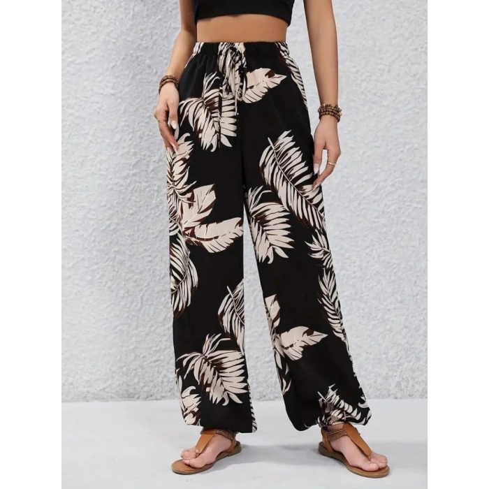 Kadın Yüksek Bel Bağcıklı Yaprak Desenli Süprem Pantolon