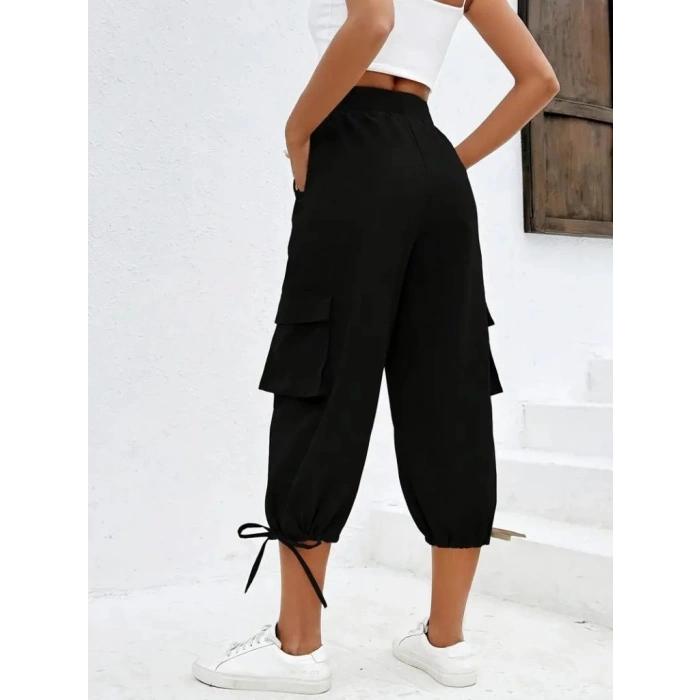 Kadın Yüksek Bel Beli Lastikli Bağcıklı Cepli Kargo Viskon Iki Iplik Pantolon