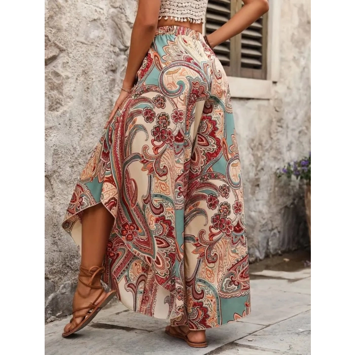 Kadın Yüksek Bel Beli Lastikli Desenli Geniş Paçalı Süprem Pantolon