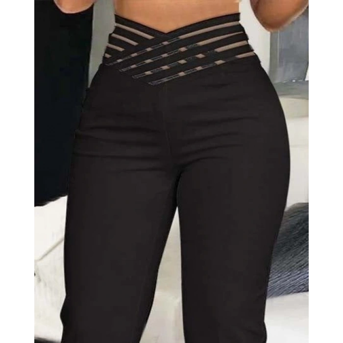 Kadın Yüksek Bel çapraz şerit Detaylı Ithal Krep Pantolon