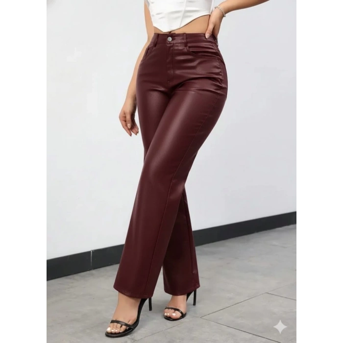 Kadın Yüksek Bel Cepli Deri Pantolon