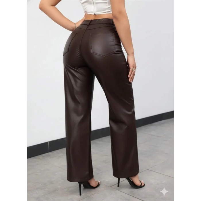 Kadın Yüksek Bel Cepli Deri Pantolon