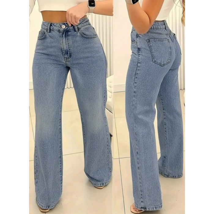 Kadın Yüksek Bel Cepli Paçaya Doğru Geniş Kot Pantolon