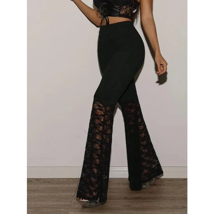 Kadın Yüksek Bel Dantel Detaylı Dalgıç Pantolon