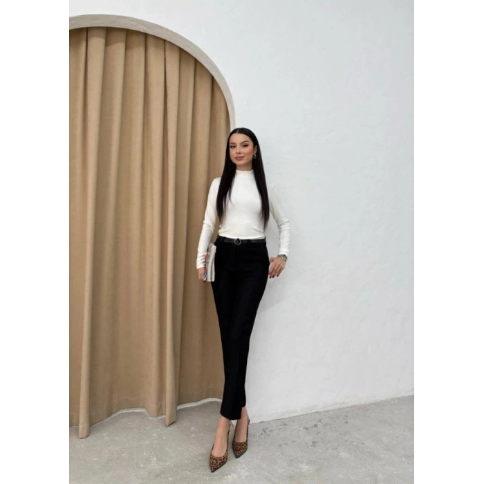 Kadın Yüksek Bel Dar Paça Kemer Dahil Kumaş Pantolon