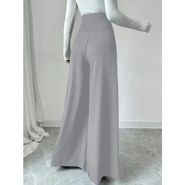 Kadın Yüksek Bel Düğmeli Geniş Paçalı Ithal Krep Pantolon