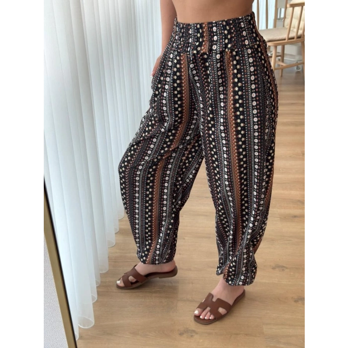 Kadın Yüksek Bel Etnik Desenli Geniş Dökümlü Bürümcük Pantolon