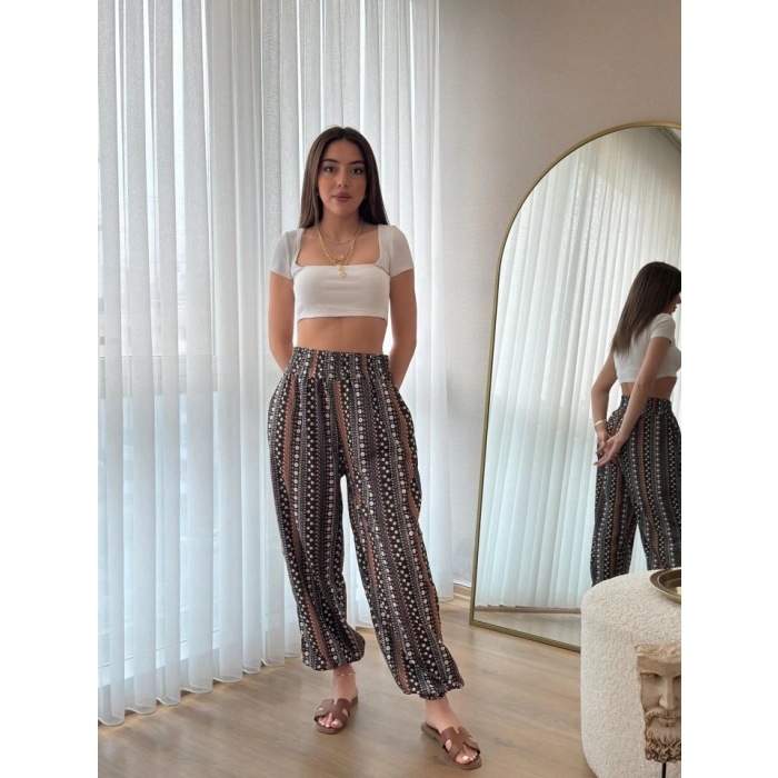 Kadın Yüksek Bel Etnik Desenli Geniş Dökümlü Bürümcük Pantolon