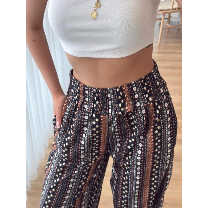 Kadın Yüksek Bel Etnik Desenli Geniş Dökümlü Bürümcük Pantolon