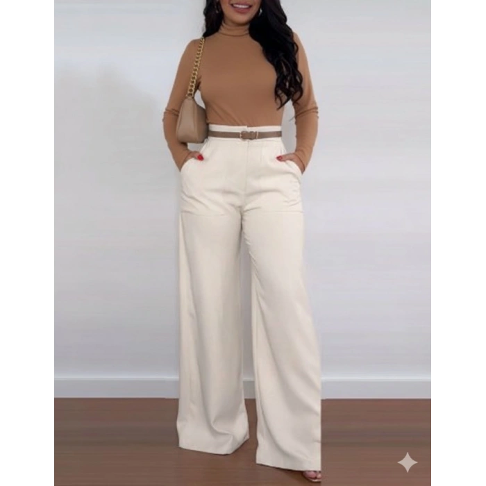 Kadın Yüksek Bel Geniş Paça Detaylı Cepli Ithal Krep Pantolon