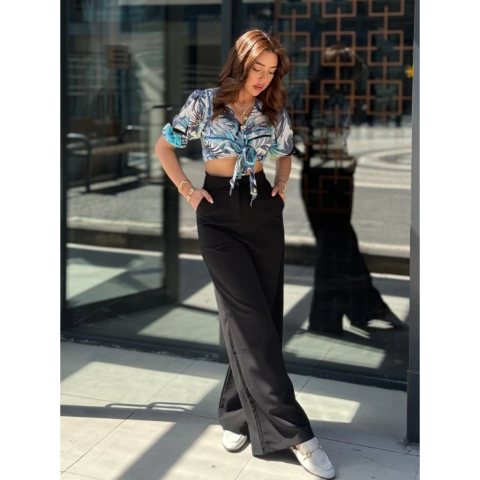 Kadın Yüksek Bel Geniş Paça Detaylı Cepli Ithal Krep Pantolon