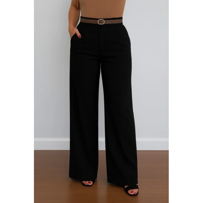 Kadın Yüksek Bel Geniş Paça Detaylı Cepli Ithal Krep Pantolon