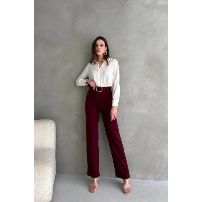 Kadın Yüksek Bel Krep Kumaş Full Likralı Ispanyol Paça Kemer Dahil Pantolon