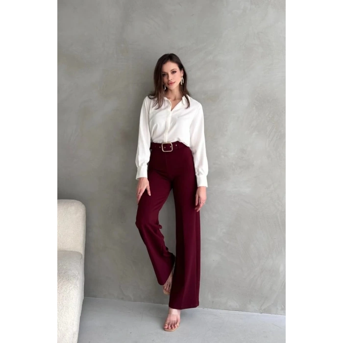 Kadın Yüksek Bel Krep Kumaş Full Likralı Ispanyol Paça Kemer Dahil Pantolon