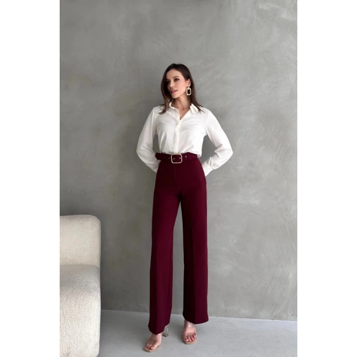 Kadın Yüksek Bel Krep Kumaş Full Likralı Ispanyol Paça Kemer Dahil Pantolon