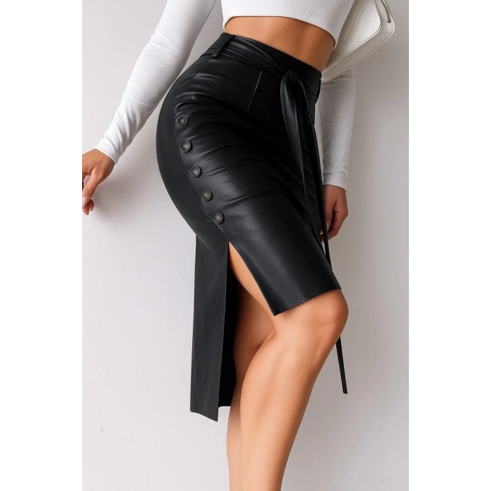 Kadın Yüksek Bel Kuşaklı Yanlardan Düğmeli Mini Deri Etek