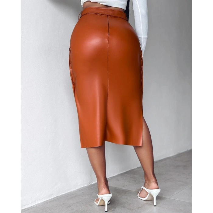 Kadın Yüksek Bel Kuşaklı Yanlardan Düğmeli Mini Deri Etek
