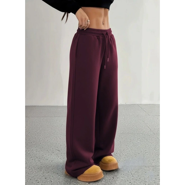 Kadın Yüksek Bel Lastikli Bağcıklı Geniş Kesim Dalgıç Mürdüm Pantolon