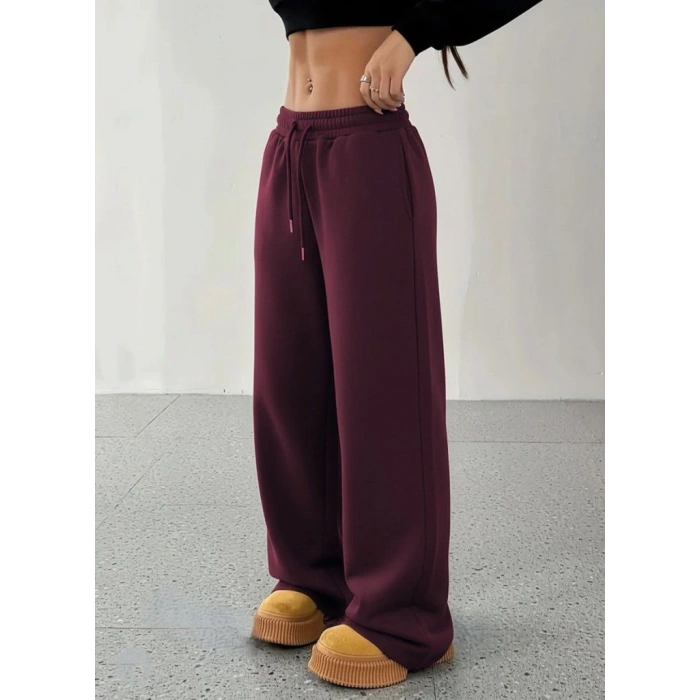 Kadın Yüksek Bel Lastikli Bağcıklı Geniş Kesim Dalgıç Mürdüm Pantolon