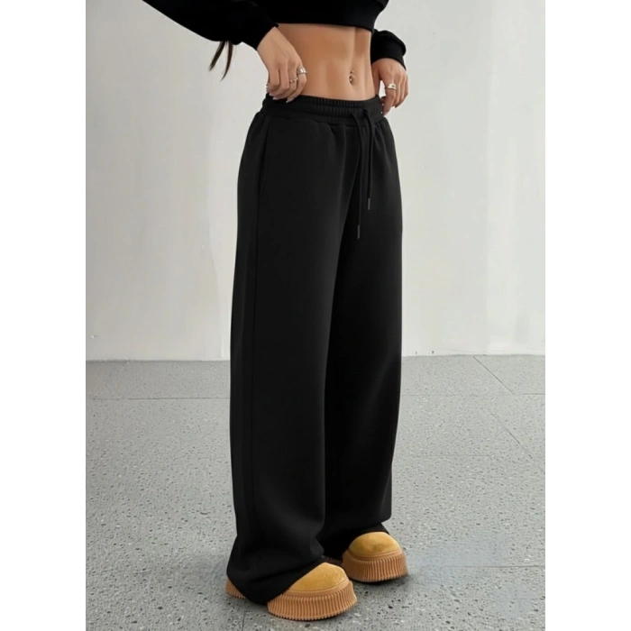 Kadın Yüksek Bel Lastikli Bağcıklı Geniş Kesim Dalgıç Pantolon