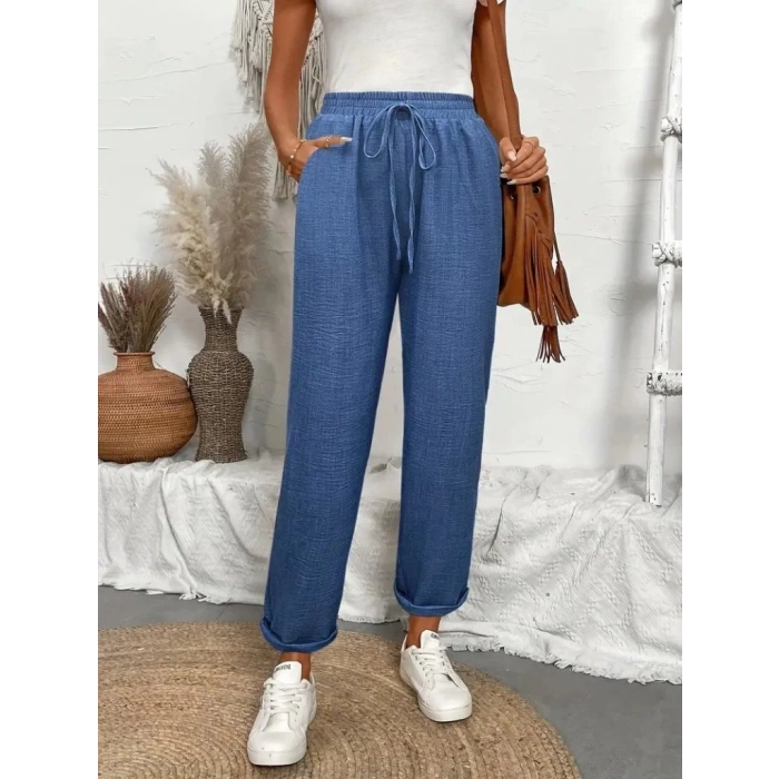 Kadın Yüksek Bel Lastikli Belde Bağcık Detaylı Aerobin Pantolon