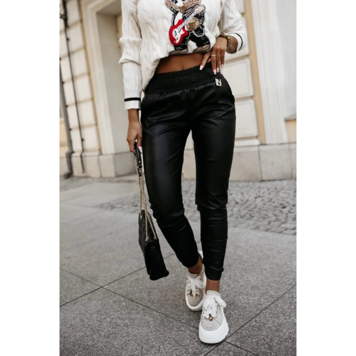 Kadın Yüksek Bel Lastikli Cepli Deri Pantolon