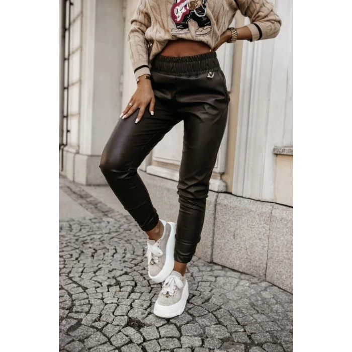Kadın Yüksek Bel Lastikli Cepli Deri Pantolon