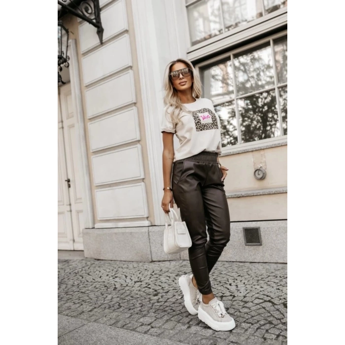 Kadın Yüksek Bel Lastikli Cepli Deri Pantolon