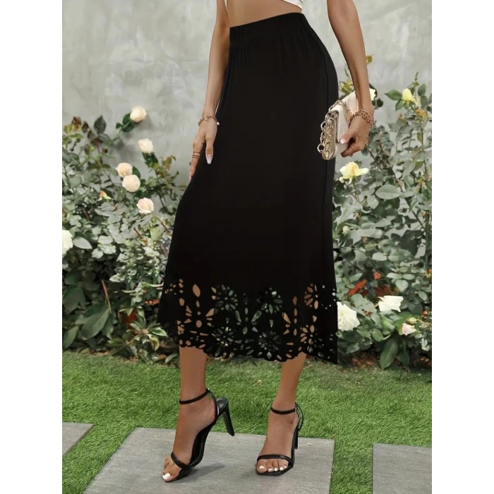 Kadın Yüksek Bel Lazer Kesim Detaylı Midi Ithal Krep Etek