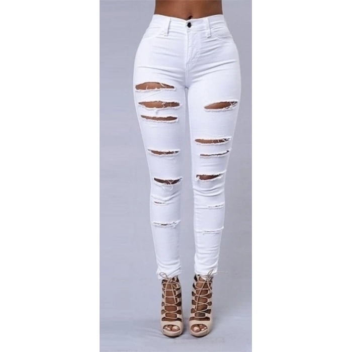 Kadın Yüksek Bel Lazer Yırtık Desenli Kot Pantolon