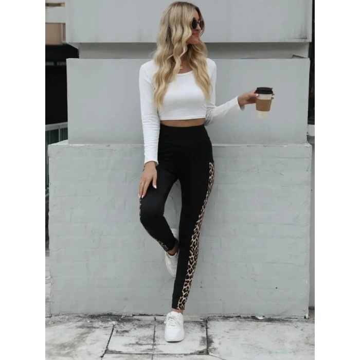 Kadın Yüksek Bel Leopar Desen Ve Cep Detaylı Dalgıç Tayt