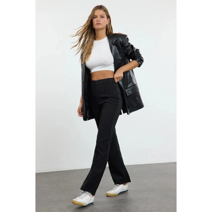 Kadın Yüksek Bel Nervurlu Ithal Krep Pantolon