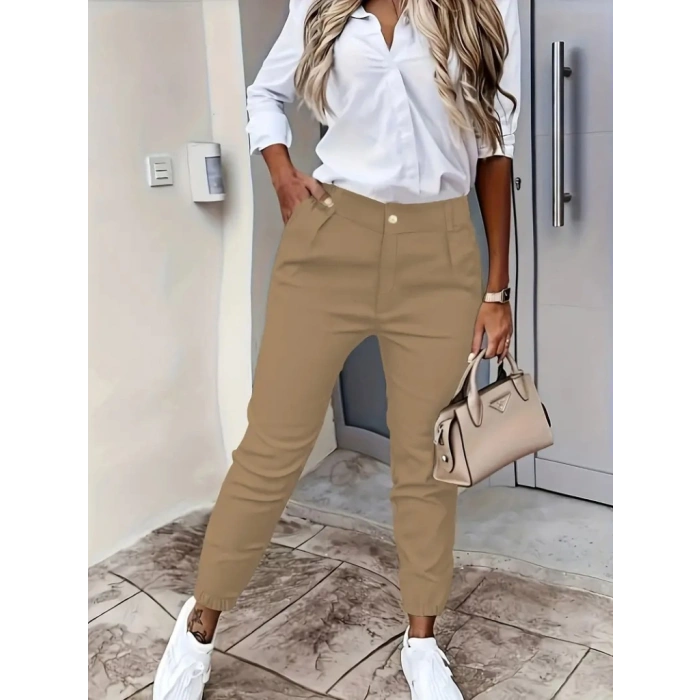 Kadın Yüksek Bel önden Düğmeli Cepli Bilek Lastik Detay Atlas Pantolon