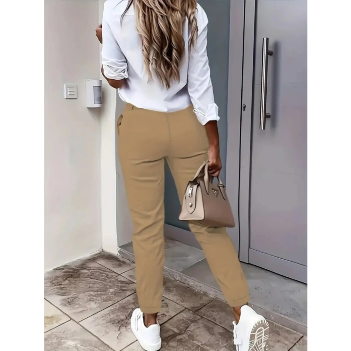 Kadın Yüksek Bel önden Düğmeli Cepli Bilek Lastik Detay Atlas Pantolon