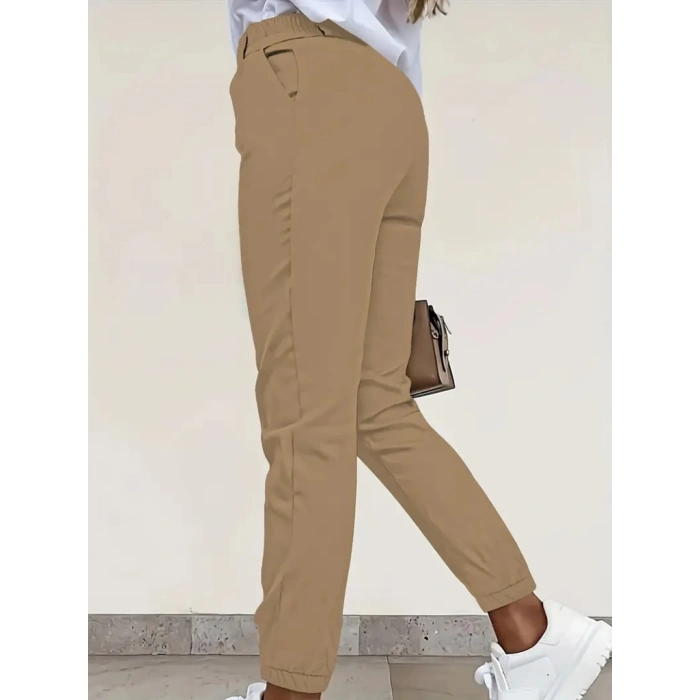 Kadın Yüksek Bel önden Düğmeli Cepli Bilek Lastik Detay Atlas Pantolon