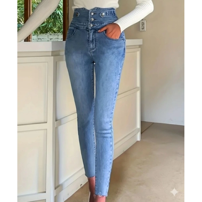 Kadın Yüksek Bel önden Düğmeli Cepli Dar Kesim Detaylı Kot Pantolon